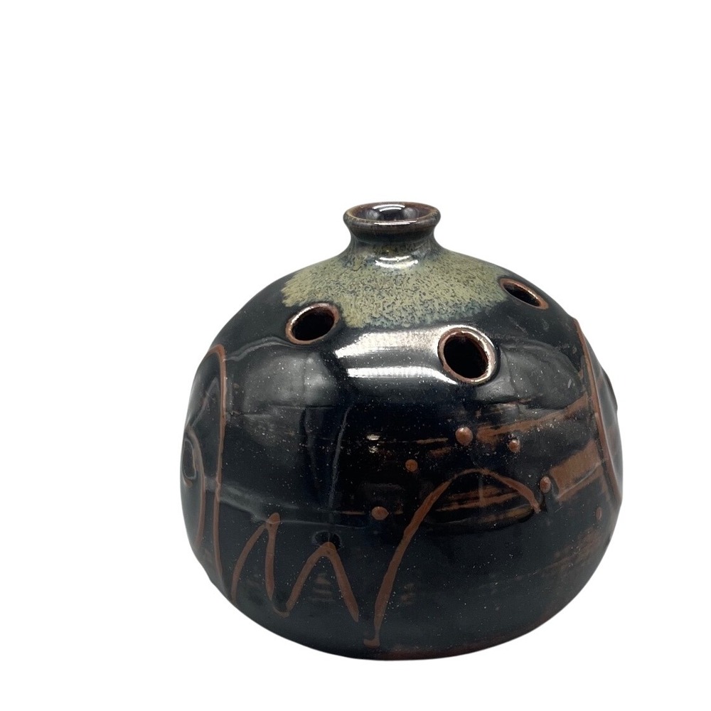 Marlow Signed Studio Pottery Flower Frog Vase‎ Black Brown Glazed Orb Ceramic